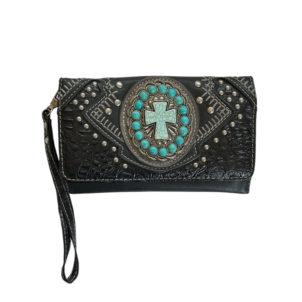 SALE VTG Soul West Black Vegan Leather Wristlet Wallet Western Turquoise Cross